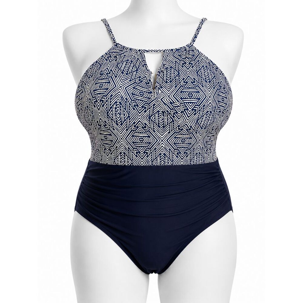 Sun & Sea Swimsuit 18 Navy White Geometric Tummy Control One Piece Built In Bra